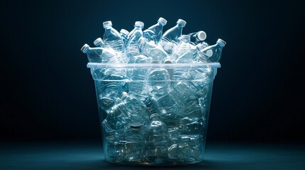 Plastic bin filled with water bottles, packaging, and clear containers in high-key lighting, plastic bin recycling, disposal highlight, clean sorting idea