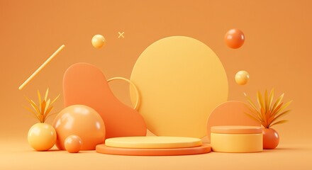 Fototapeta premium オレンジ色パステル調 優しい光で彩る 立体幾何学デザイン