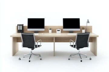 Desks with monitors and chairs isolated on white background