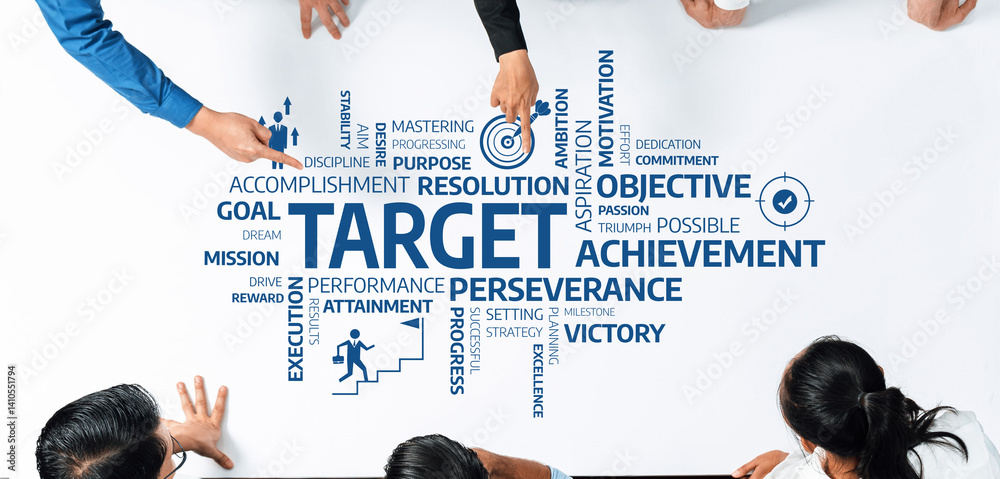 Fototapete Engaging visual representing diverse hands pointing at motivating words related to objectives and achievements, symbolizing teamwork and goal-setting in a dynamic environment. Amity