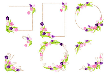 Set of golden frames and wreaths of watercolor tulips. Compositions for cards, greeting cards, posters, invitations. Spring, Wedding, Mother's Day, Women's Day, Birthday. Hand-drawn illustration..