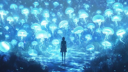 Fototapeta premium A person standing in a field of glowing jellyfish floating in the air, an ethereal dream of endless wonder.