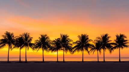 Obraz premium Silhouette Palm Trees Sunset Beach Scene