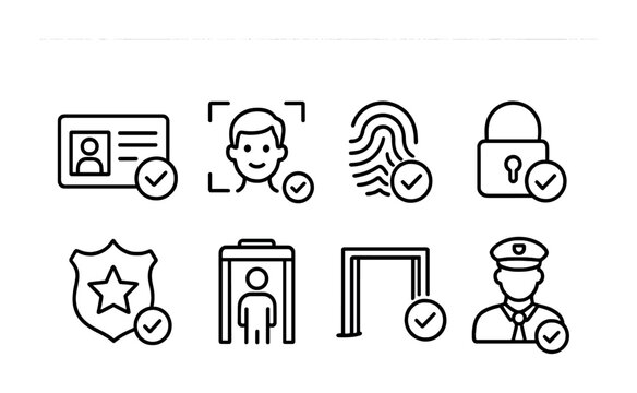 outline vector icons of sports venue parking: arena icon, game day pass, full lot sign, tailgate zone, security check, space letter, team logo spot, shuttle marker. set of line style icons in a