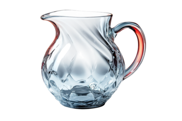 Elegant glass water pitcher swirling design faceted texture red tinted handle dark background
