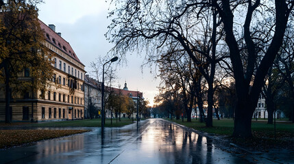 Rainy City Street At Sunset With Reflections And Trees