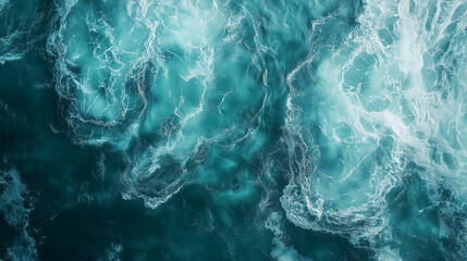 Obraz premium Dynamic ocean waves with swirling turquoise and deep blue hues, showcasing the raw power and abstract beauty of the sea.