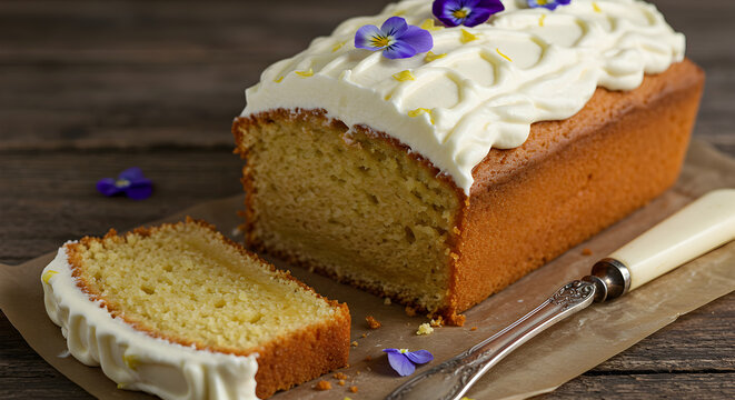 Delicious Homemade Cake With Creamy Frosting and Violet Flowers
