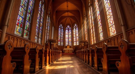 Fototapeta premium 静謐な空間を彩るステンドグラス、木造教会の温かい光
