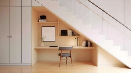 Minimalist workspace built into stairwell recess 