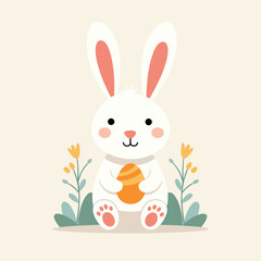 Cute cartoon bunny holding an egg surrounded by flowers