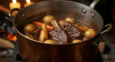 Hearty Winter Braised Beef Shank Stew Served in Rustic Copper Pot