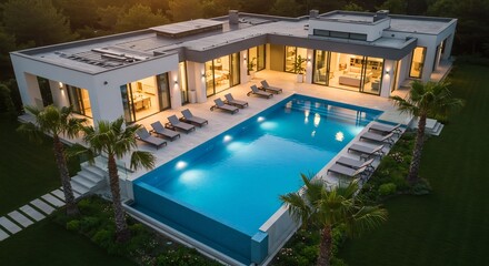 夕暮れ時輝くプール付き豪邸、美しいシルエットと温かい光