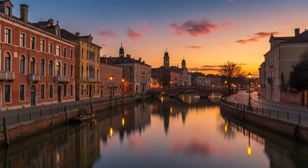 Obraz premium 穏やかな夕焼け色に染まる運河の美しい風景