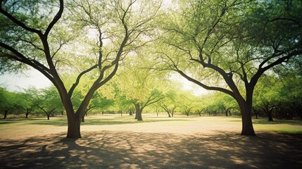 Obraz premium Trees with green leaves form a serene outdoor landscape scene