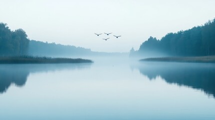 Fototapeta premium A tranquil lake scene with birds flying through the air