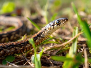 Alert snake slithering through green grass, representing wildlife, nature, and reptilian beauty. Ideal for nature documentaries, educational content, and wildlife conservation campaigns.