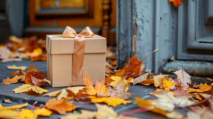 Gift box with a ribbon sits on an old doorstep surrounded by colorful fallen autumn leaves. Represents seasonal gifting, surprise delivery, or fall themes.
