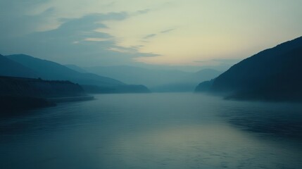 Fototapeta premium Serene landscape depicts a river valley between misty mountains at dawn