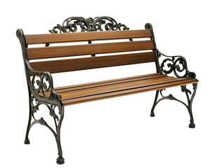 Wooden park bench with ornate cast iron legs, Victorian style, detailed scrollwork, traditional garden furniture, white background