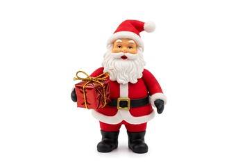 Fototapeta premium Miniature Santa Claus holding a gift on white background