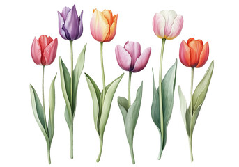 A beautifully detailed illustration featuring twelve unique tulip flowers in various colors and forms.