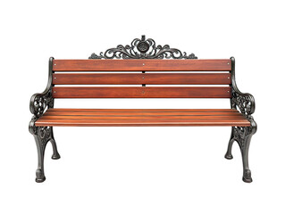 Wooden park bench with ornate cast iron legs, Victorian style, detailed scrollwork, traditional garden furniture, white background