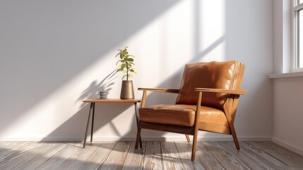 Fototapeta premium Tan leather armchair in a sunlit room, next to a small side table with a plant. A peaceful and inviting scene.