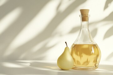 A pear and a bottle on a light background.