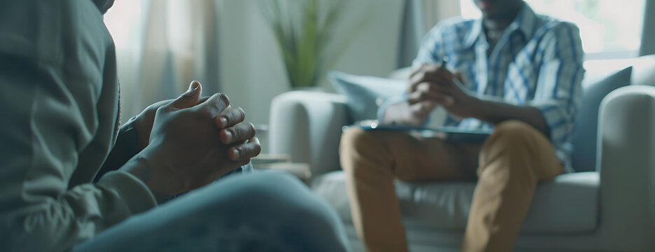 A doctor is taking notes while talking to their patient, who sits on the couch with their hands clasped together and appears distressed. The background shows an office setting with soft lighting.