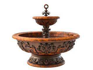 Decorative wrought iron drinking fountain with ornate basin, classical European style, public hydration station, white background