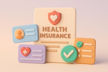 Health Insurance Plan: A 3D illustration of a health insurance plan document, accompanied by identity cards and checklist icons, symbolizing health coverage and security.