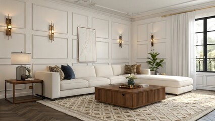 Elegant Living Room Interior With White Sofa And Wooden Accents Design