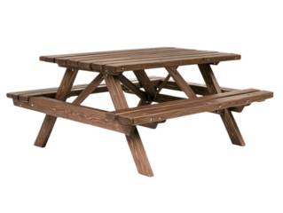 Wooden picnic table with attached benches, weather-resistant finish, park dining furniture, outdoor recreational seating, white background
