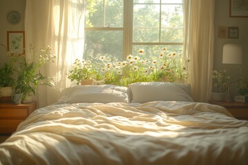 Cozy bedroom with flower window view home photography bright inviting relaxation