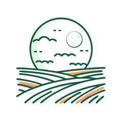 Fototapeta premium Outline Icon of a Full Moon Over a Rice Field 
