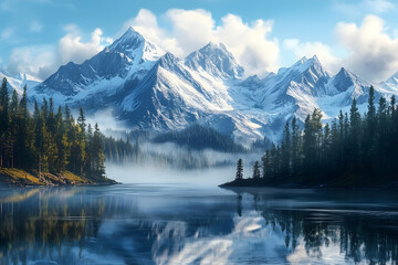 Misty mountain lake reflecting a serene winter landscape.