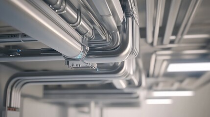 Metallic Pipes And Ducts Installed In Modern Industrial Ceiling