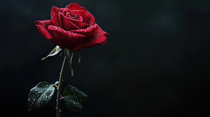 A single long-stemmed red rose with dewdrops on its petals, isolated against a deep black background, exuding elegance and simplicity.