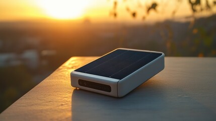 A small solar panel device resting on a concrete surface outdoors