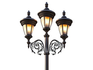 Decorative street lamp post with ornate scrollwork, vintage-inspired lighting, traditional urban illumination furniture, white background