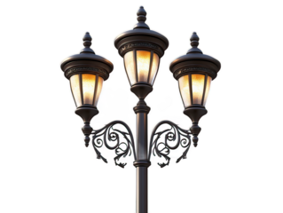 Decorative street lamp post with ornate scrollwork, vintage-inspired lighting, traditional urban illumination furniture, white background