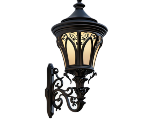 Decorative street lamp post with ornate scrollwork, vintage-inspired lighting, traditional urban illumination furniture, white background