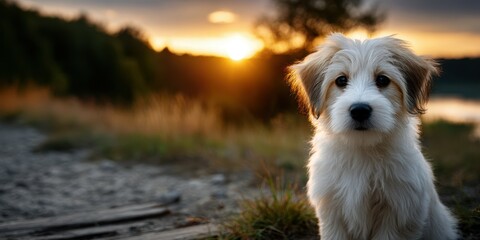 Cute puppy sitting near the water at sunset, capturing a serene moment in nature