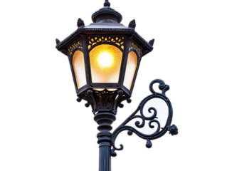 Decorative street lamp post with ornate scrollwork, vintage-inspired lighting, traditional urban illumination furniture, white background