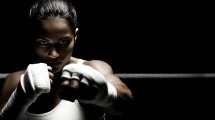 Powerful Female Boxer in Punching Stance Ready for Action Against Dark Background