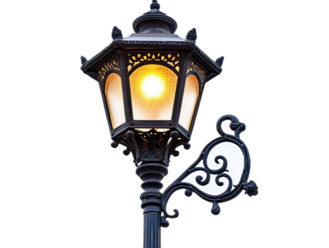 Decorative street lamp post with ornate scrollwork, vintage-inspired lighting, traditional urban illumination furniture, white background