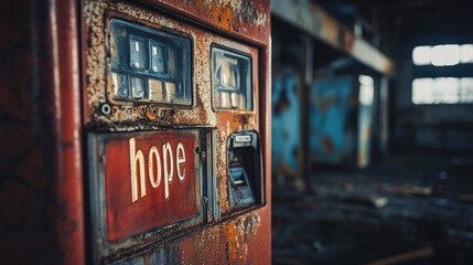 Fototapeta premium A rusted vending machine filled with expired dreams, each one labeled 