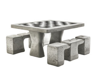 Concrete chess table with integrated seating, public game station, recreational park furniture, outdoor entertainment surface, white background