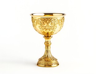 Gold goblet, medieval-style chalice on a white background